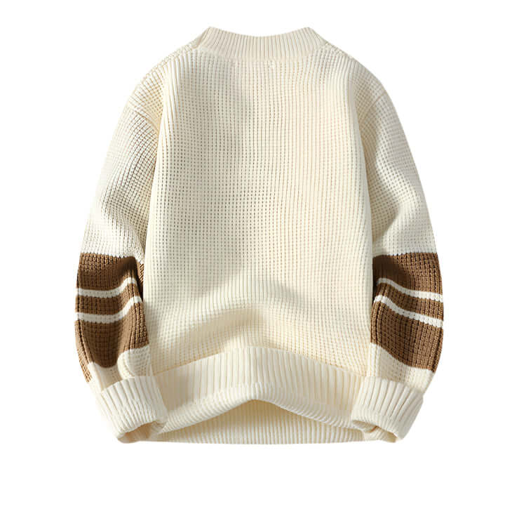 Off-white waffle-knit sweater with brown stripe pattern, back view