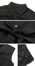 Close-up details of the black lace dress, showcasing the button-up collar, lace chest insert, bow tie waist, and delicate lace hem.