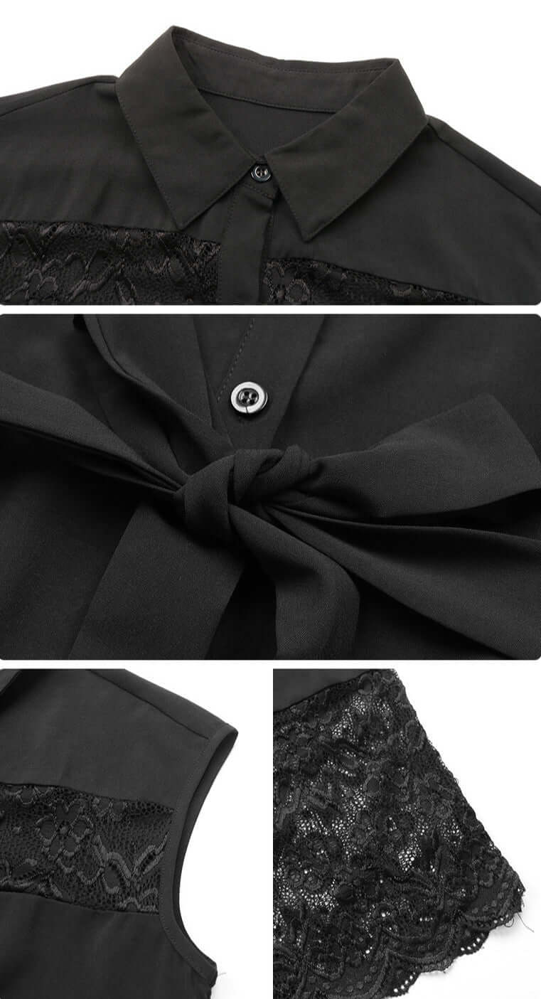 Close-up details of the black lace dress, showcasing the button-up collar, lace chest insert, bow tie waist, and delicate lace hem.