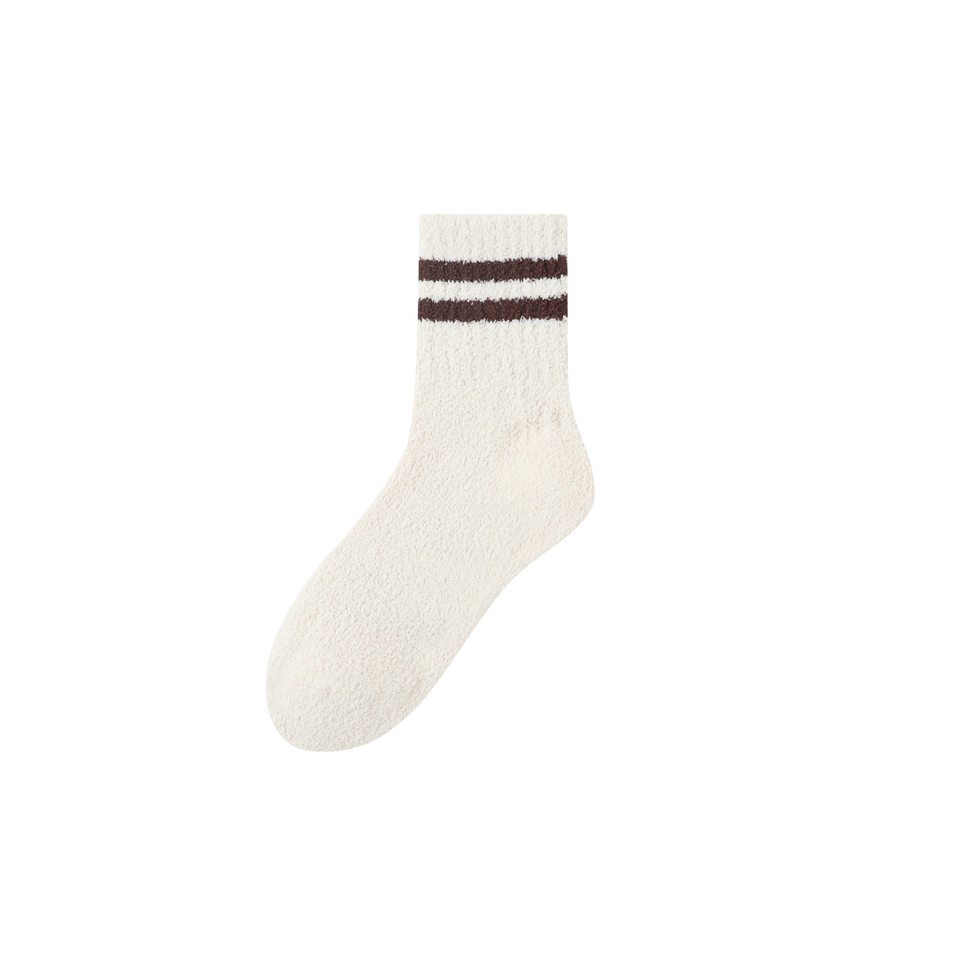 Pale yellow crew sock with pink double stripes, fluffy comfortable material