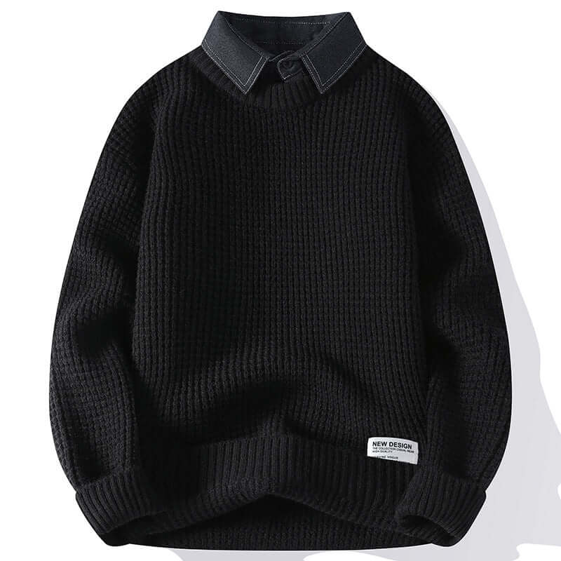 Black waffle-knit sweater with denim collar trim