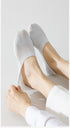 White no-show socks styled on feet against white background, demonstrating fit and coverage