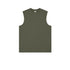 Olive green sleeveless muscle tee with crew neck displayed flat on white background