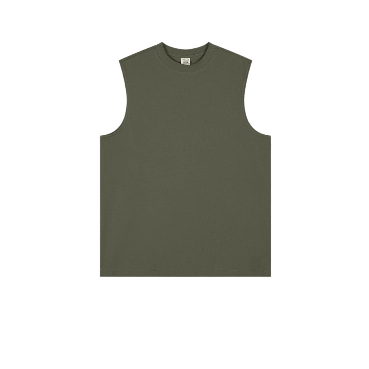 Olive green sleeveless muscle tee with crew neck displayed flat on white background
