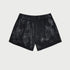 Black athletic shorts with elastic waistband and textured finish displayed flat against white background