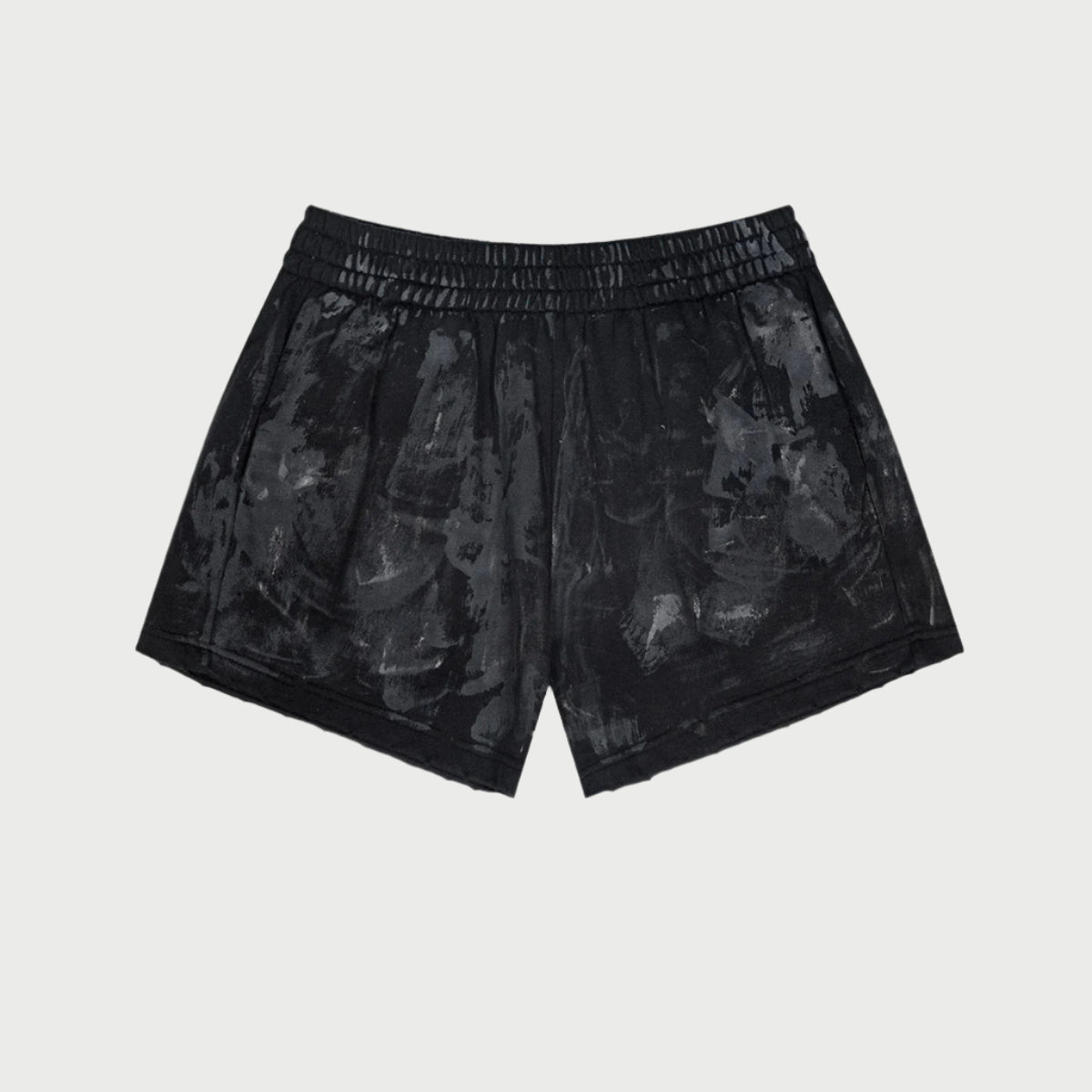 Black athletic shorts with elastic waistband and textured finish displayed flat against white background