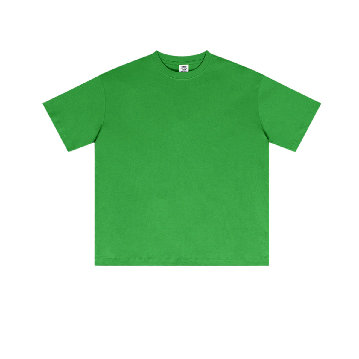 Bright green oversized t-shirt with crew neck and short sleeves, featuring clean minimalist design and white brand tag at collar against white background
