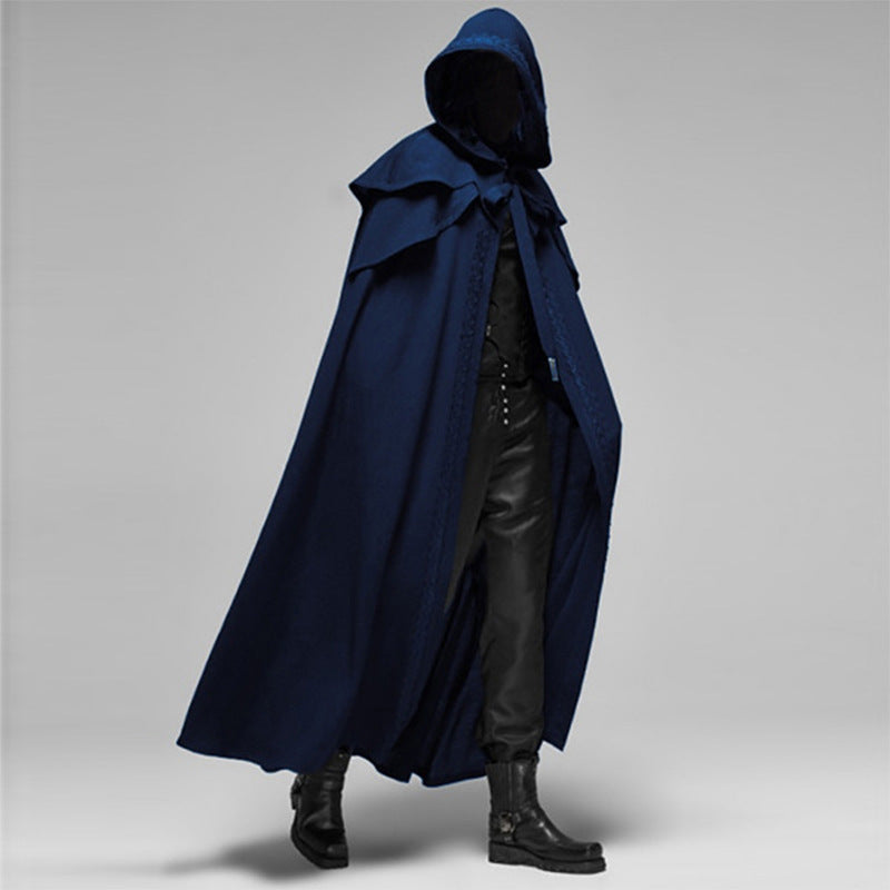unisex long blue cloak with oversized hood side angle