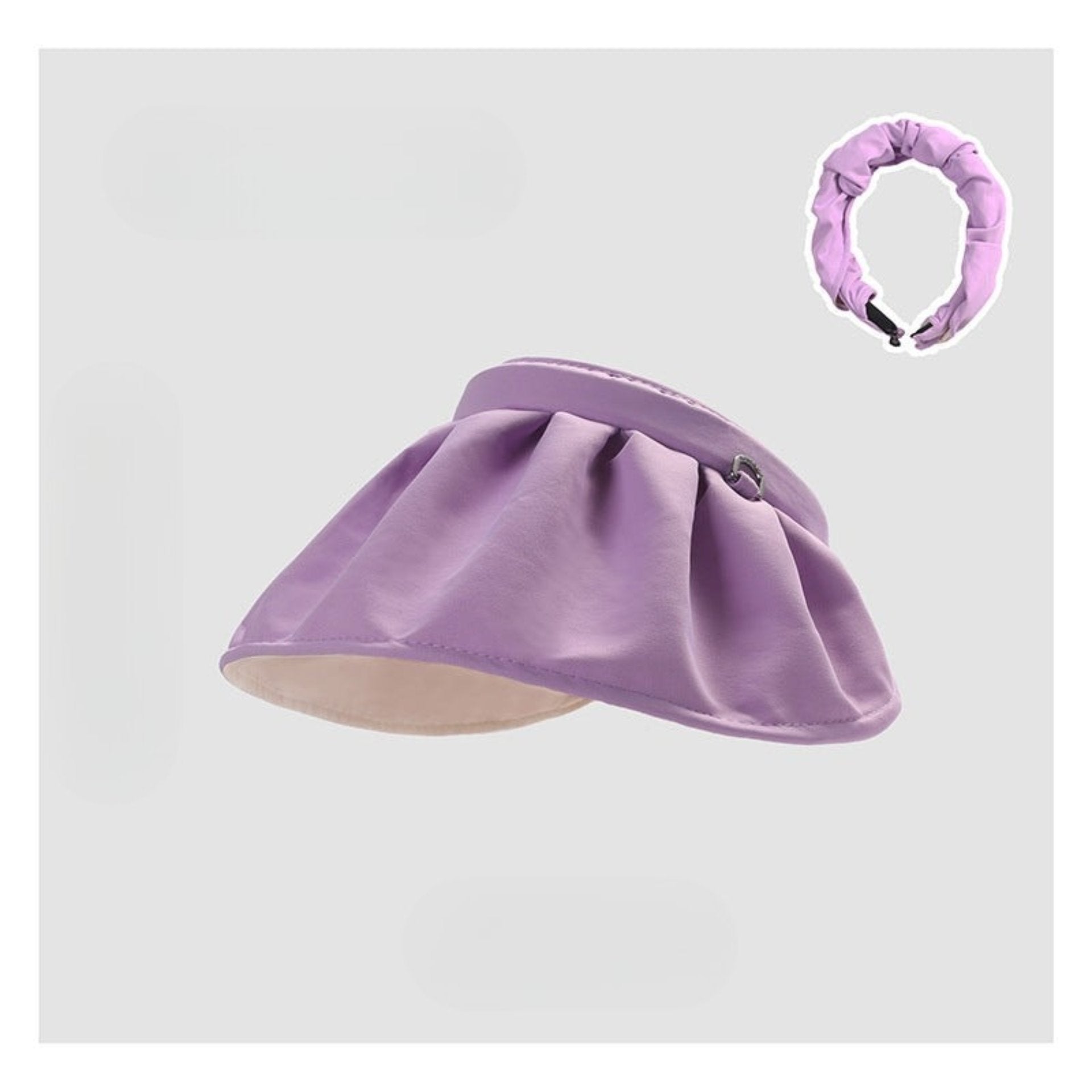 A pastel purple shell hat with a soft ruched band, set against a sleek layout displaying color choices.