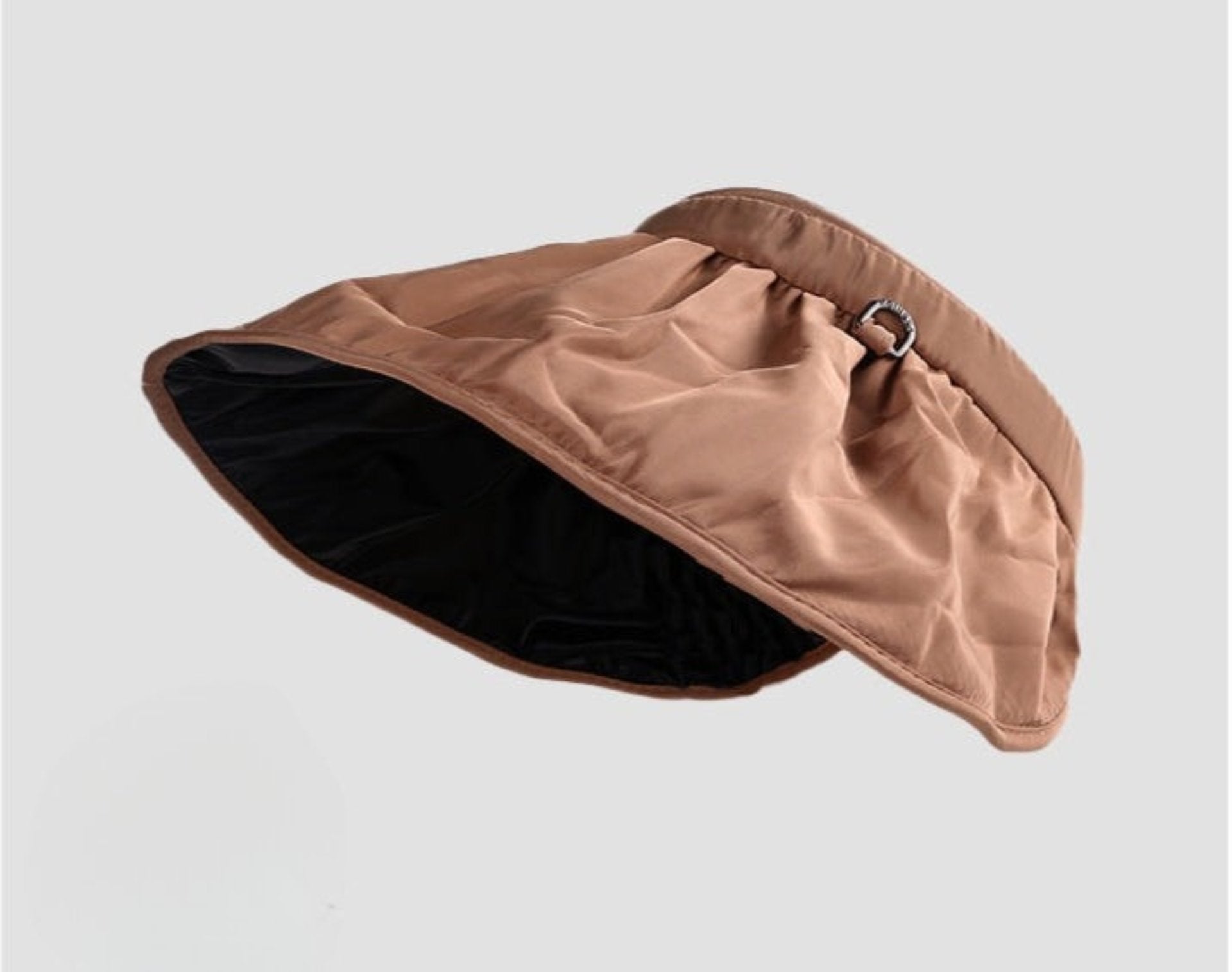 A khaki-colored sun visor hat with a black interior lining, featuring UV protection and a detachable headband.