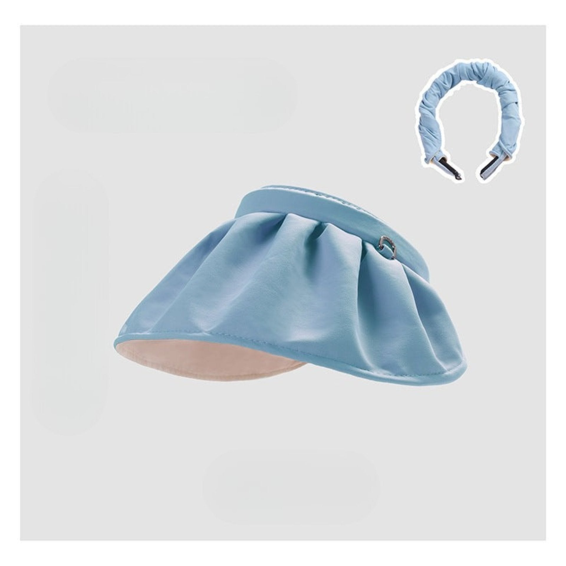 A trendy sky-blue shell hat with a ruched band, shown alongside other available colors on a minimalist backdrop.