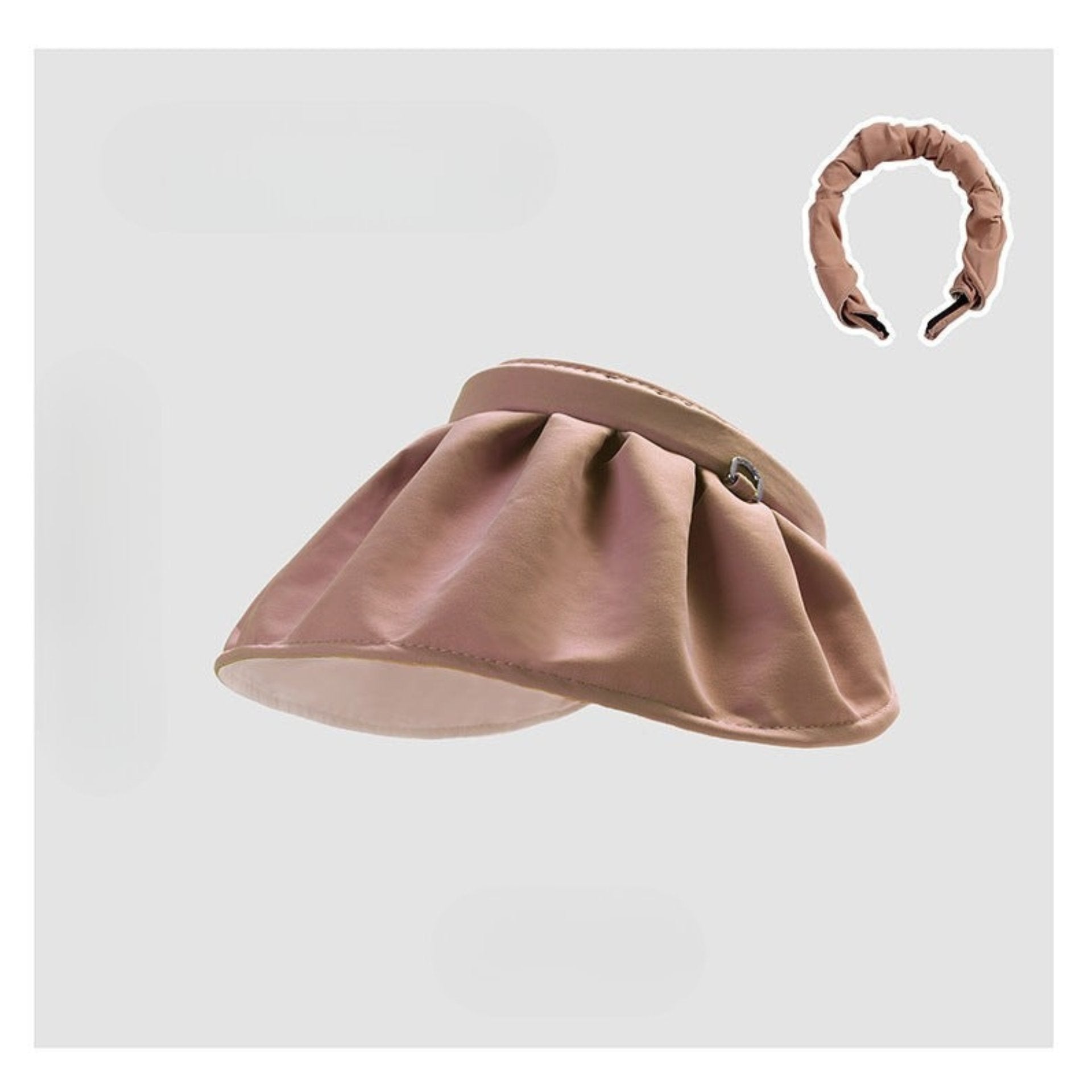 A stylish khaki-colored shell-shaped hat with a scrunchie-style band, displayed against a neutral background with color options on the left.