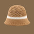  A khaki straw bucket hat with an open-weave top and a contrasting white stripe, offering a breathable and stylish summer look.