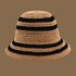 A khaki crochet bucket hat with black horizontal stripes, offering a stylish and breathable design for casual summer wear.