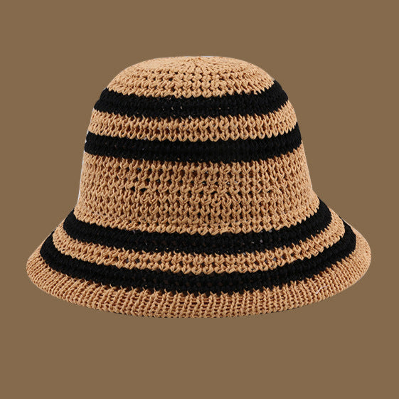 A khaki crochet bucket hat with black horizontal stripes, offering a stylish and breathable design for casual summer wear.