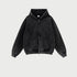 Black zip-up hoodie with kangaroo pocket and metal zipper on white background