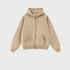 Beige zip-up hoodie with kangaroo pocket and full-length zipper on white background