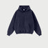 Navy blue zip-up hoodie with front pocket displayed flat against white background