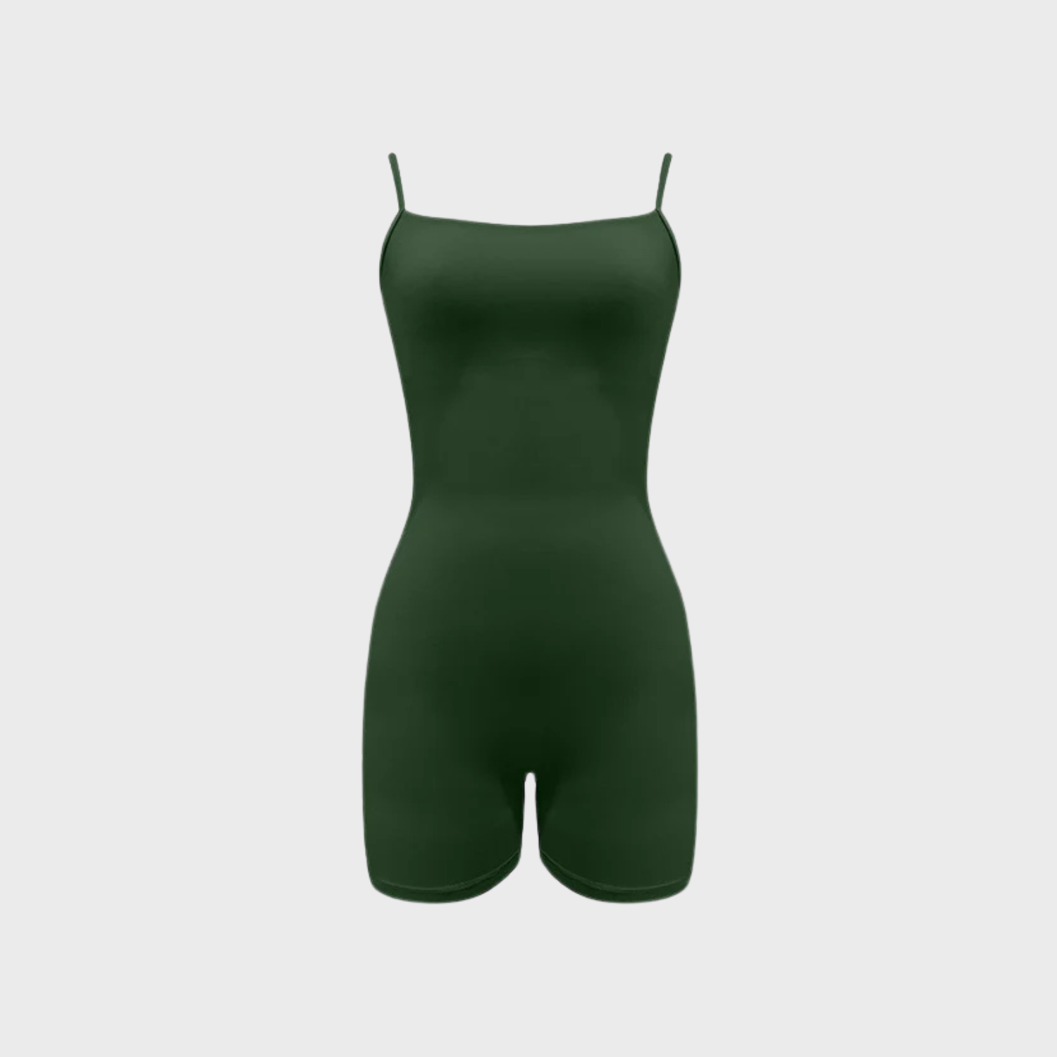 Dark green bodycon romper with spaghetti straps, sleek minimalist one-piece