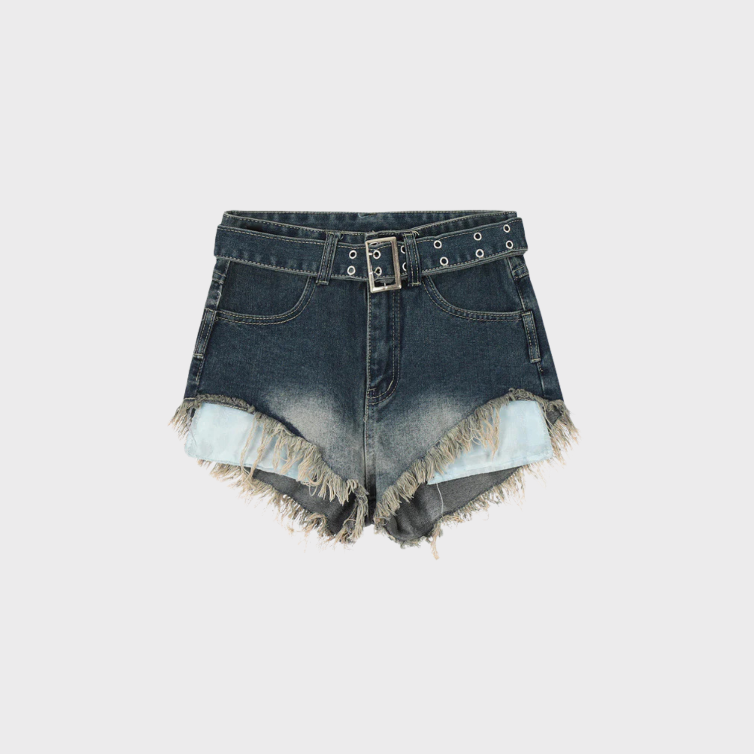 Distressed black denim shorts with raw hem and belt, edgy summer staple