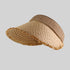 A khaki straw visor hat with a wide frayed brim and a soft fabric band, perfect for sun protection and summer outings.