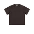 Dark brown crew neck t-shirt with short sleeves and relaxed fit, displayed flat against white background