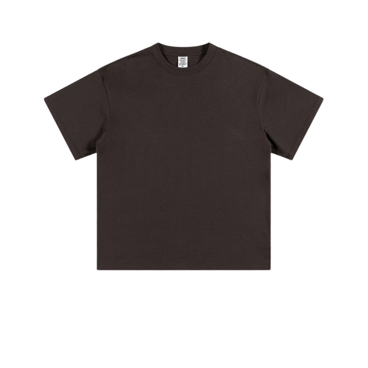 Dark brown crew neck t-shirt with short sleeves and relaxed fit, displayed flat against white background