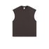 Dark brown oversized sleeveless muscle tee with crew neckline and manufacturer's tag visible, displayed flat against white background