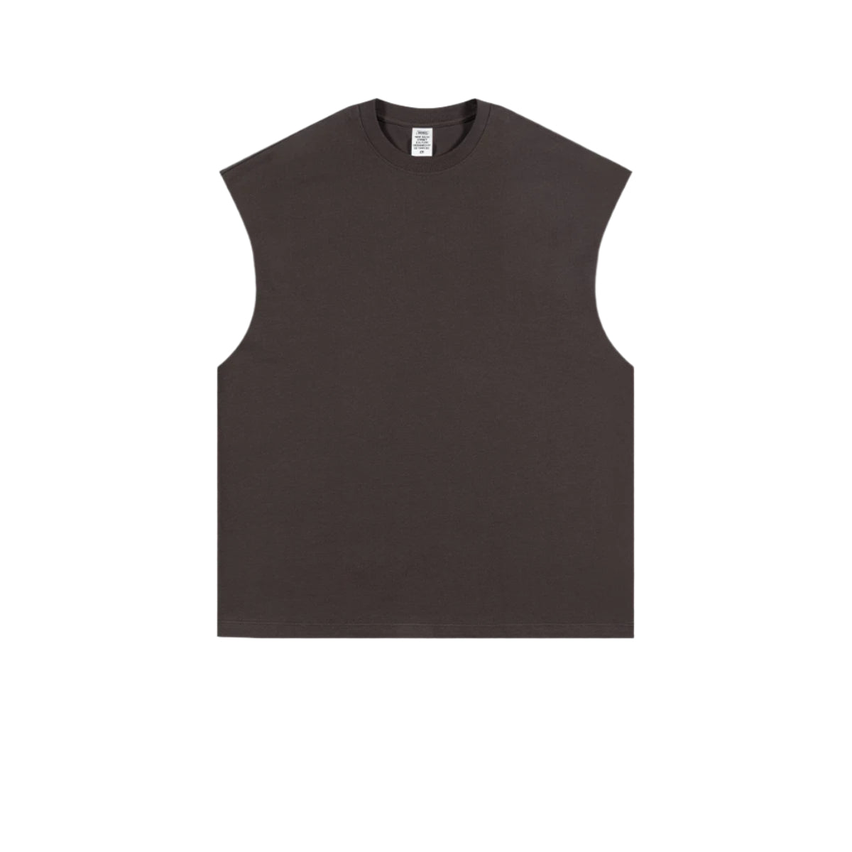 Dark brown oversized sleeveless muscle tee with crew neckline and manufacturer's tag visible, displayed flat against white background