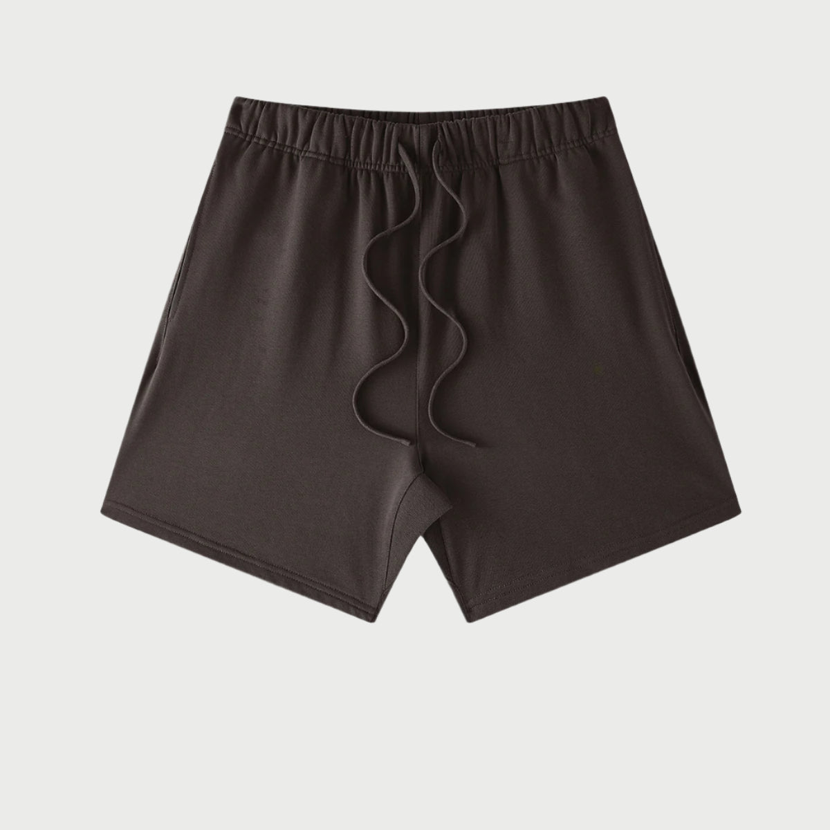 Dark brown drawstring shorts displayed flat against light gray background with elastic waistband