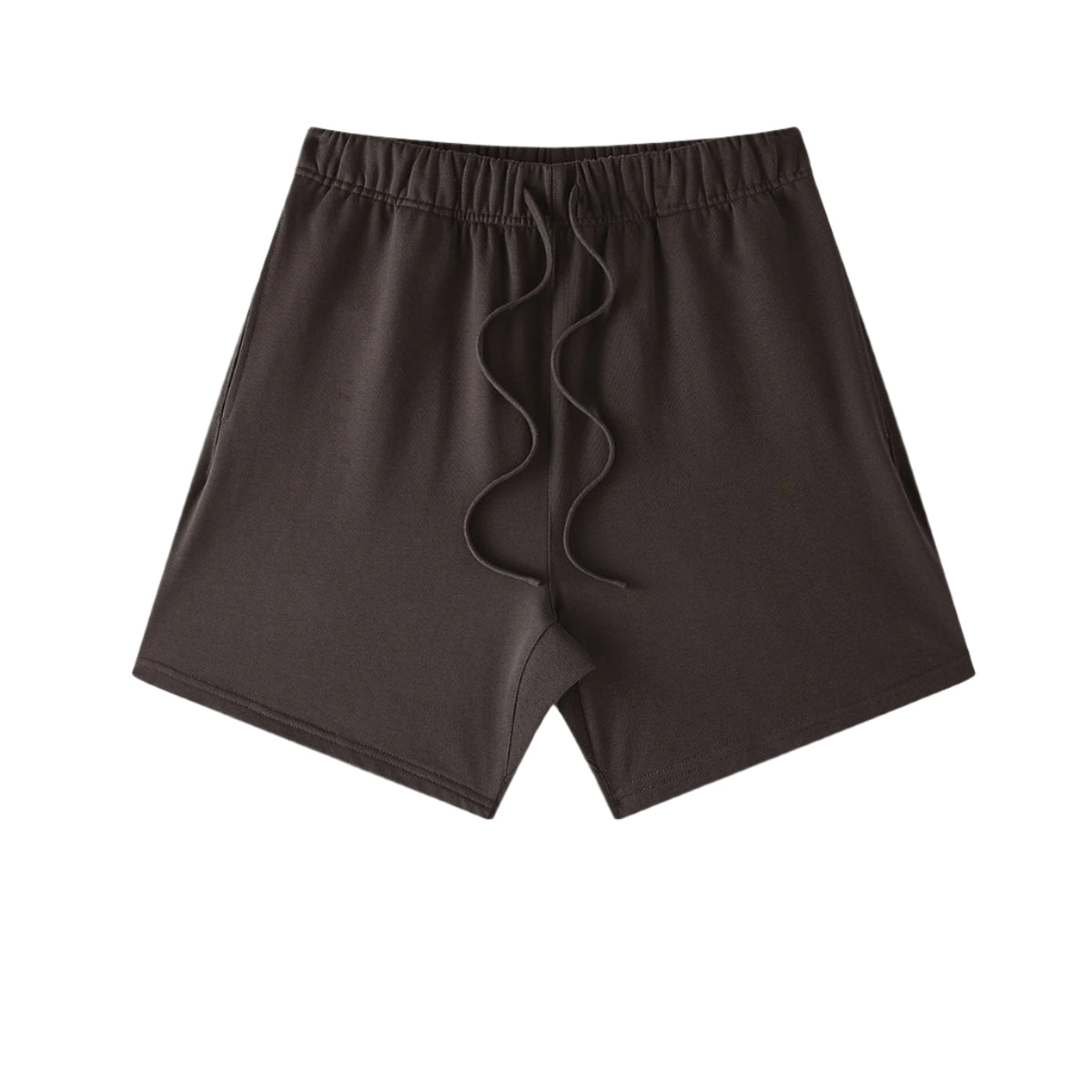 A dark brown pair of shorts with elastic waistband and matching drawstrings displayed on a white background