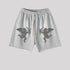 Heather gray sweatshorts with dark gray cupid graphics and cream drawstring, flat lay on light background
