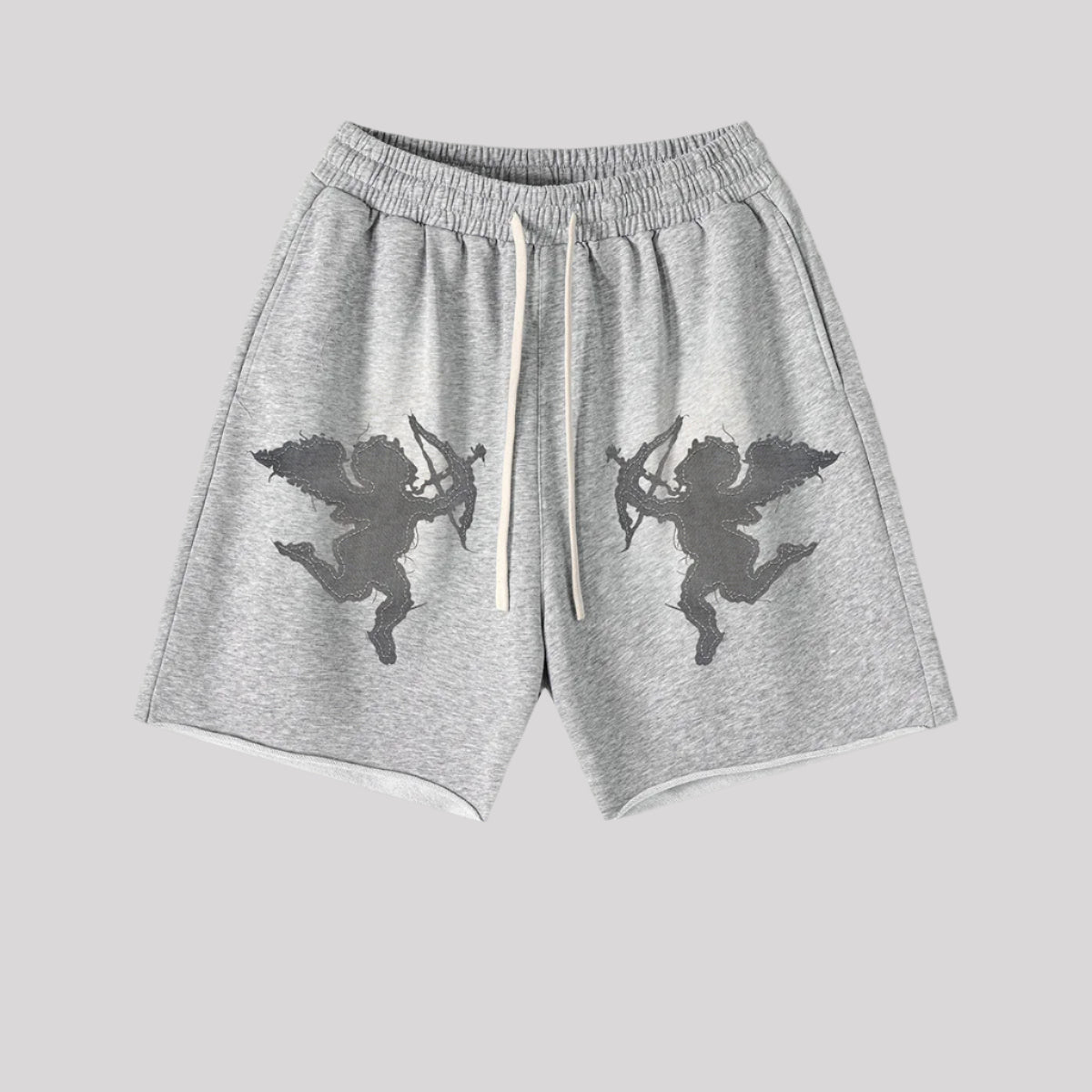 Heather gray sweatshorts with dark gray cupid graphics and cream drawstring, flat lay on light background