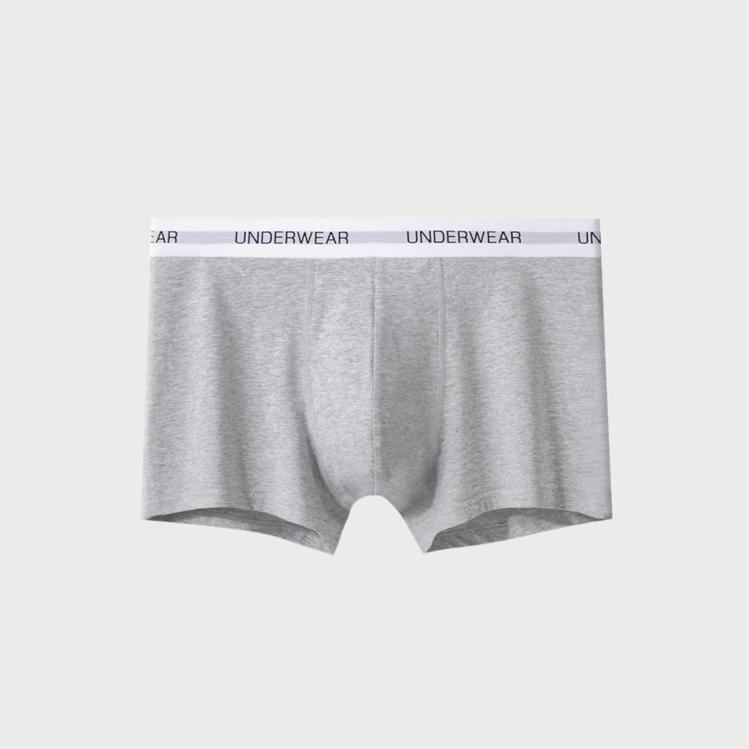 Gray cotton boxer briefs with elastic waistband and UNDERWEAR logo