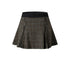 Brown and black plaid pleated mini skirt with elastic black waistband against white background