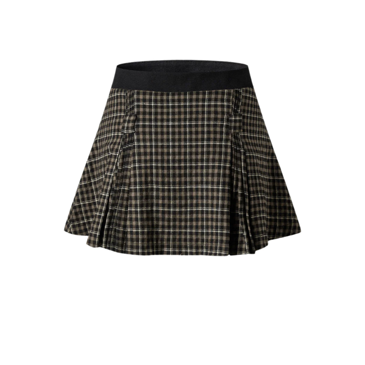 Brown and black plaid pleated mini skirt with elastic black waistband against white background