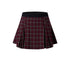 Burgundy and black plaid pleated mini skirt with elastic black waistband against white background