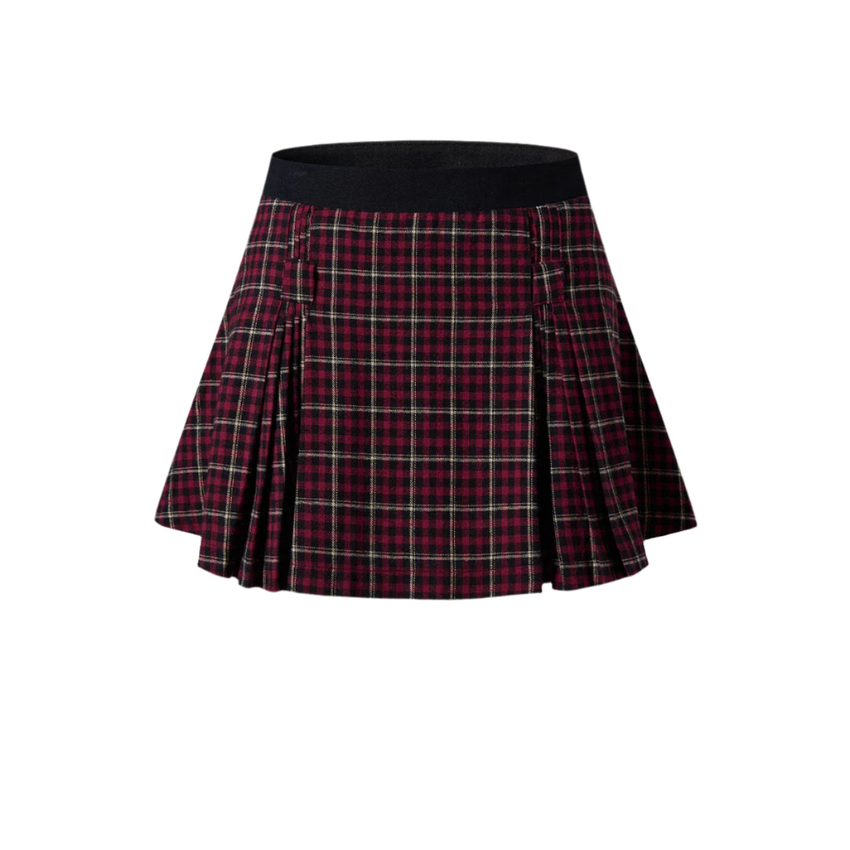 Burgundy and black plaid pleated mini skirt with elastic black waistband against white background