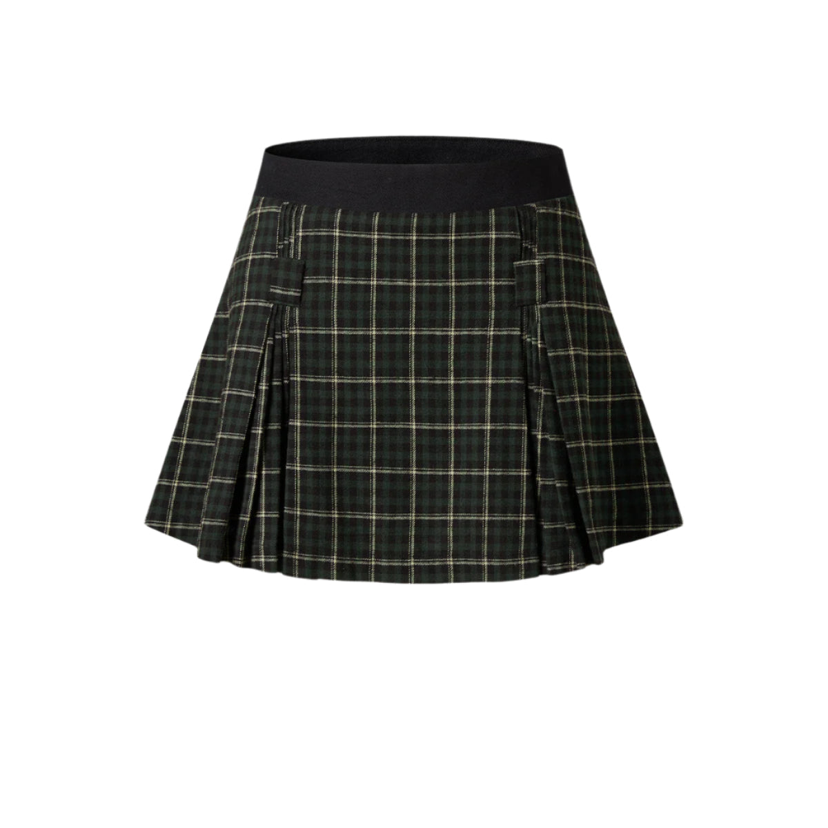 Dark green and black plaid pleated mini skirt with elastic black waistband against white background