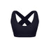Black sports bra with crossed back straps and scoop neckline