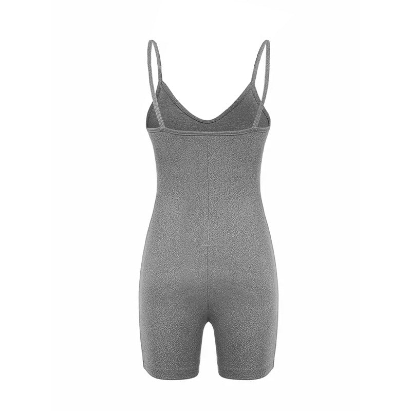 Front view of a gray spaghetti strap bodycon romper displayed on a plain background.