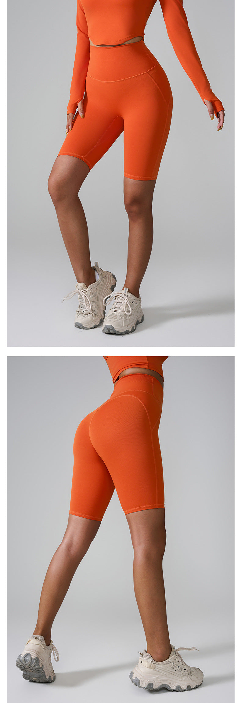 Orange compression bike shorts with high waist and seamless design, styled with matching long sleeve top and chunky sneakers