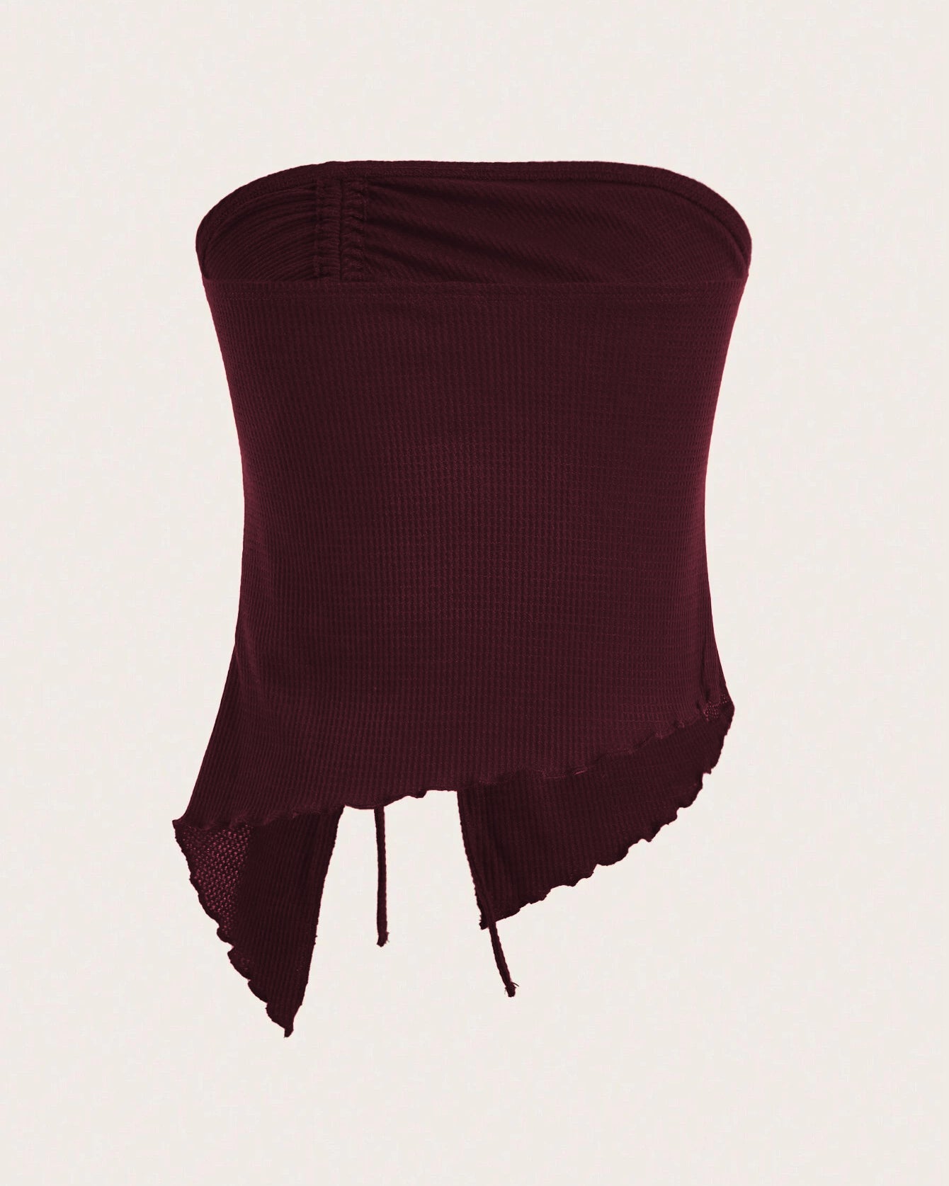A burgundy strapless bandeau top with ruched side detail and adjustable drawstring tie shown against white background