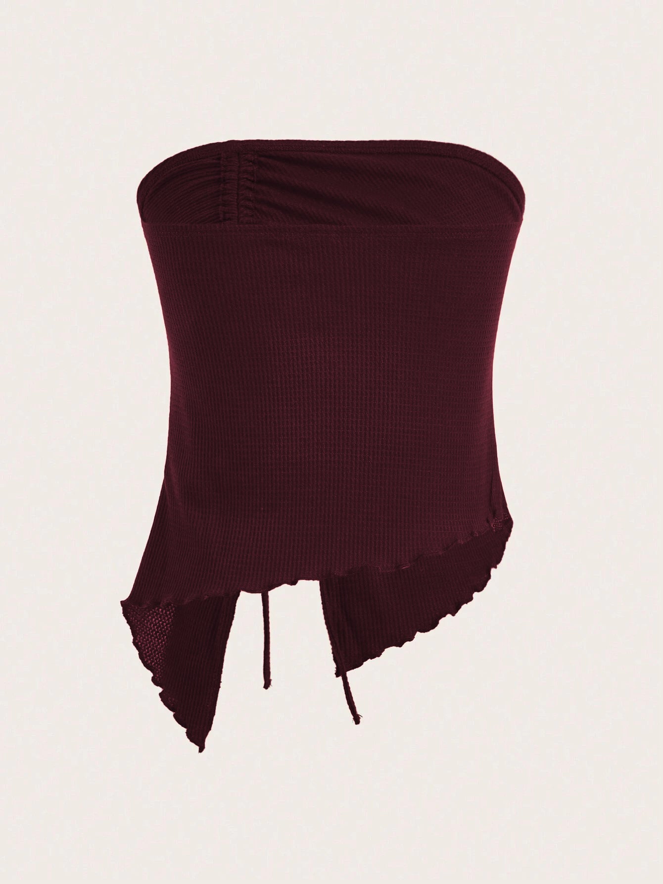 A burgundy strapless bandeau top with ruched side detail and adjustable drawstring tie shown against white background