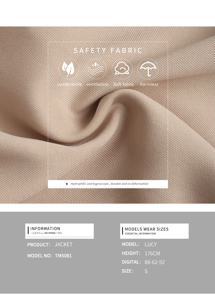 Close-up details of beige utility jacket showing stand collar, snap buttons, flap pockets and adjustable cuffs