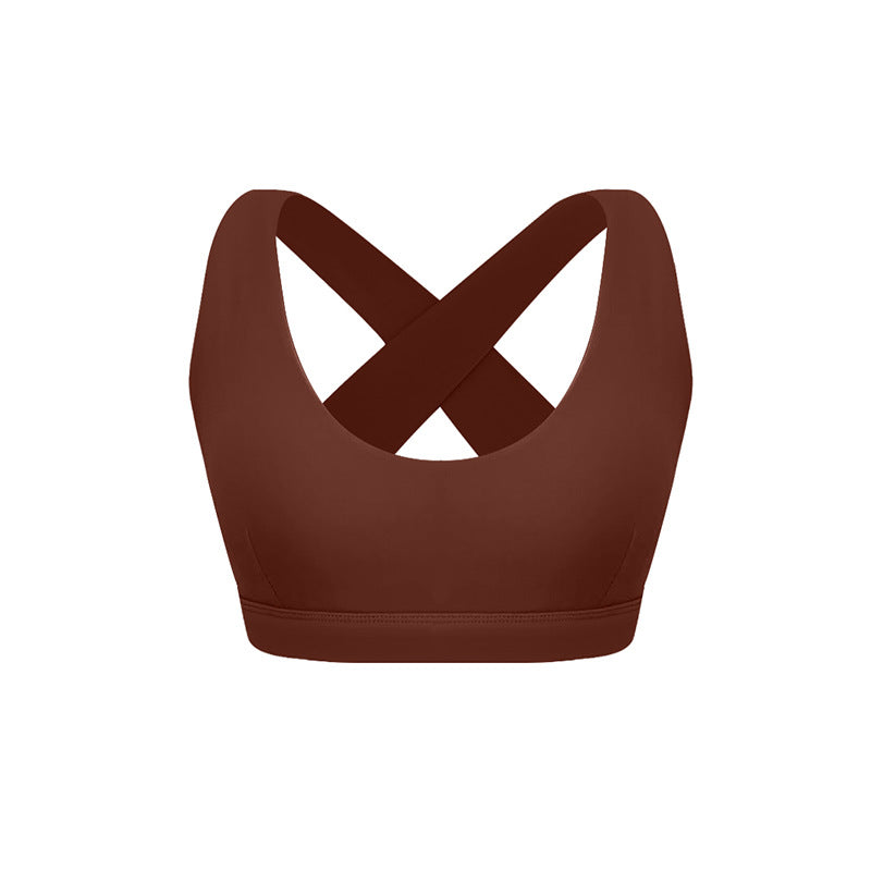 Vandyke brown sports bra with crossed back straps and scoop neckline