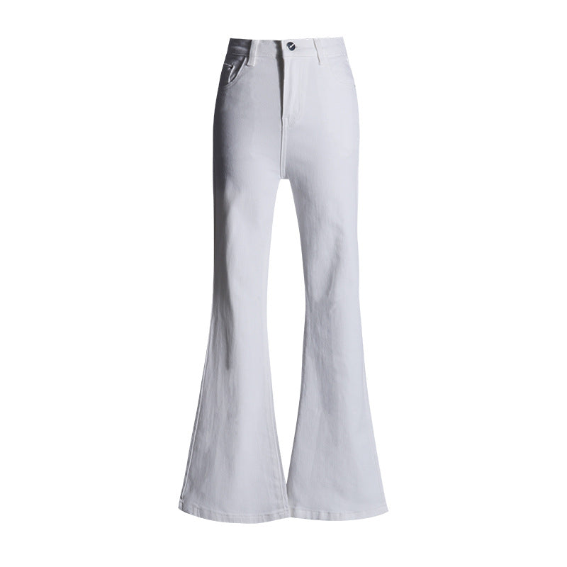 White high-waisted flare jeans product photo showing full-length view against white background with dramatic bell bottom cut