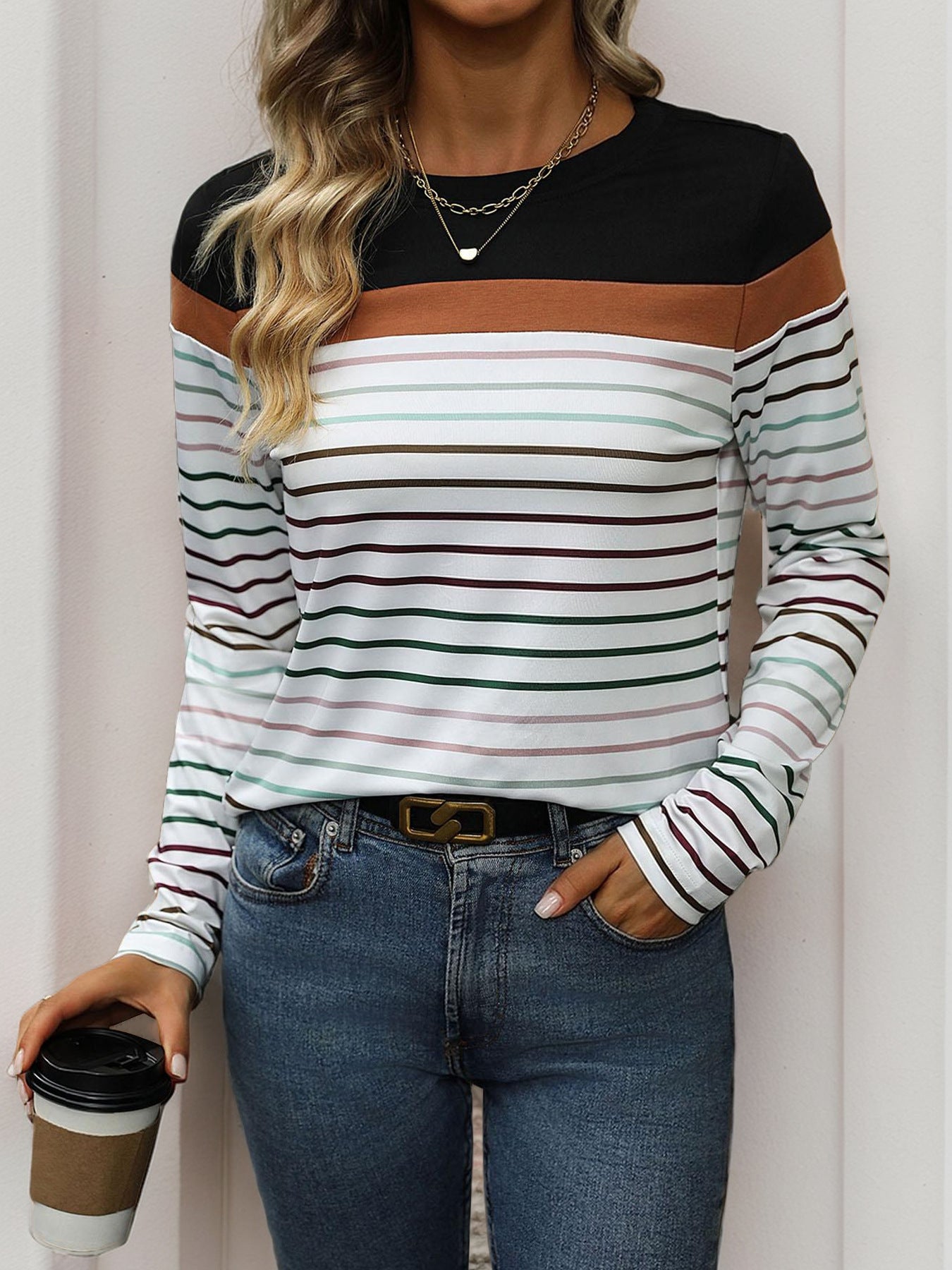 Women's casual striped top in color block design with round neck and long sleeves