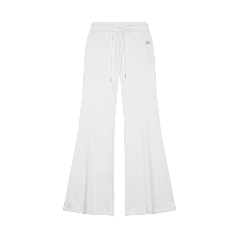 White flared sweatpants with drawstring waist and Drele logo