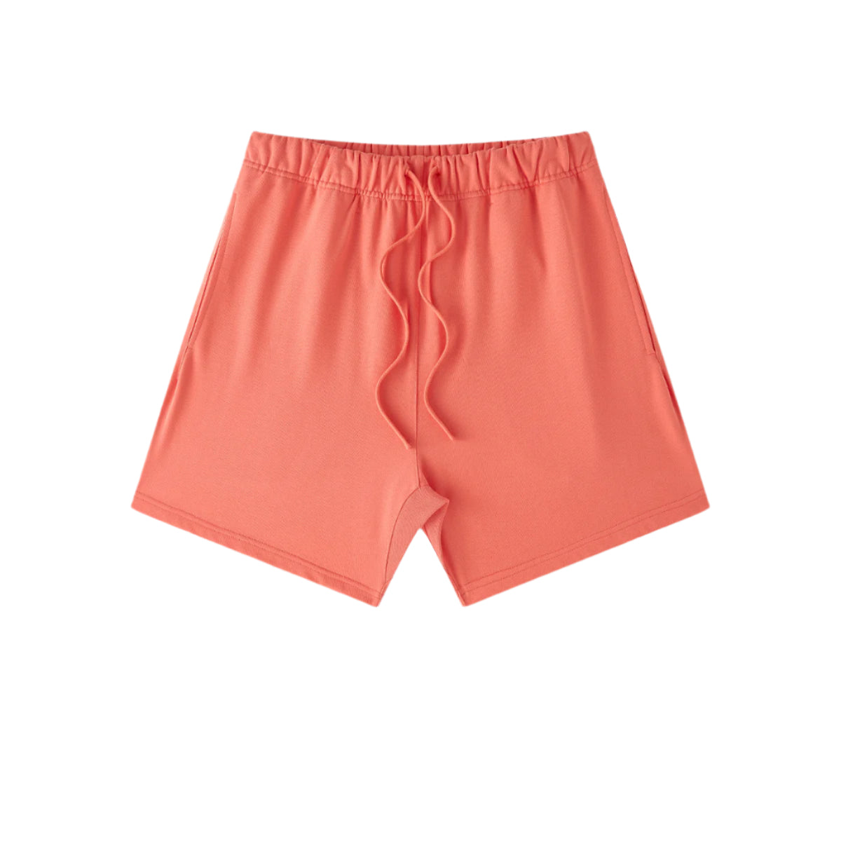 Coral cotton shorts with elastic waistband and matching drawstring, displayed against white background